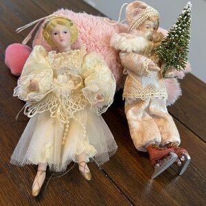 Elegant Porcelain Doll Set in Cream and Pink Christmas Ornaments. 7-8 inches